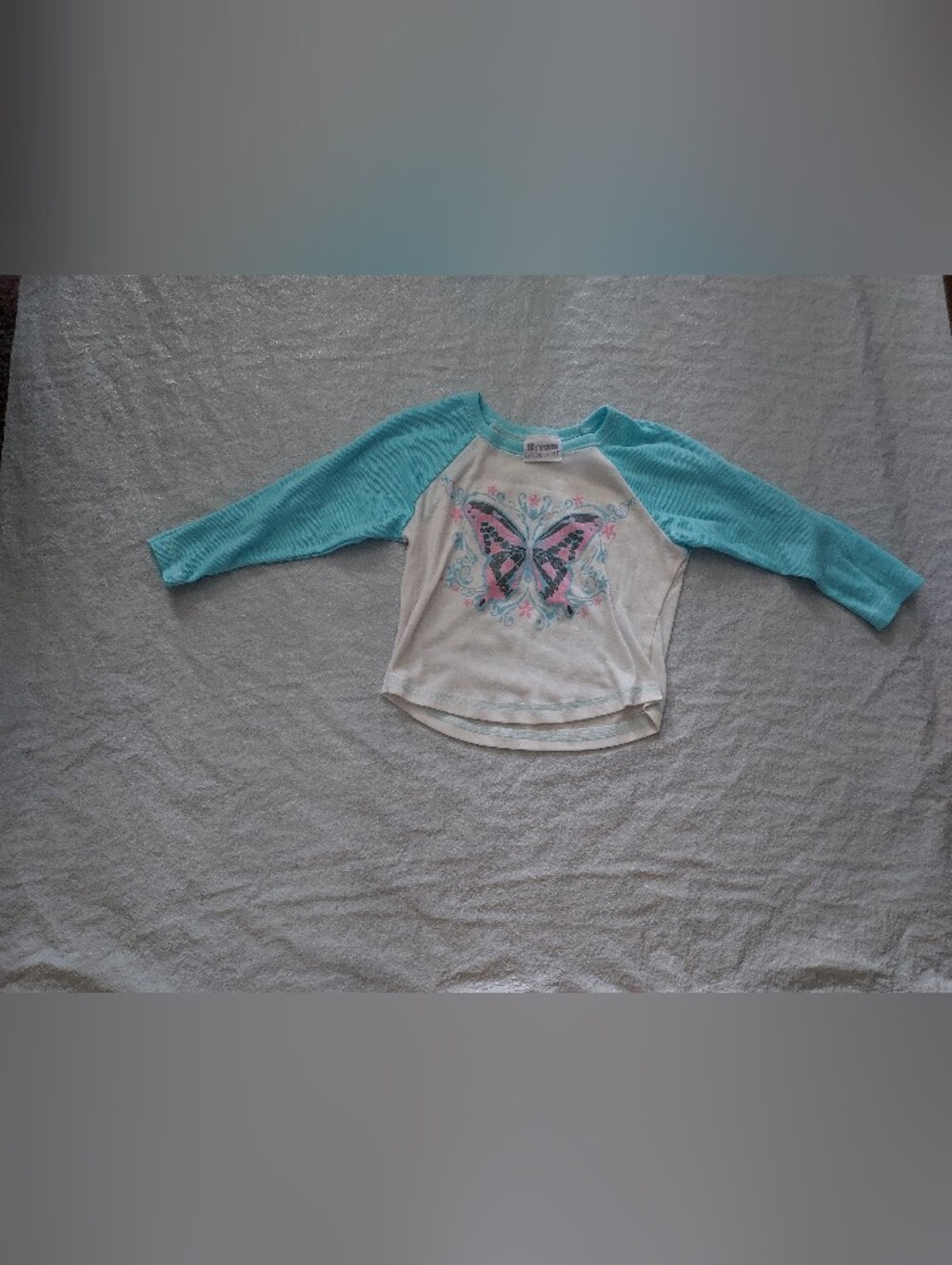 Girls White & Aqua Butterfly Raglan Tee - Long Sleeve